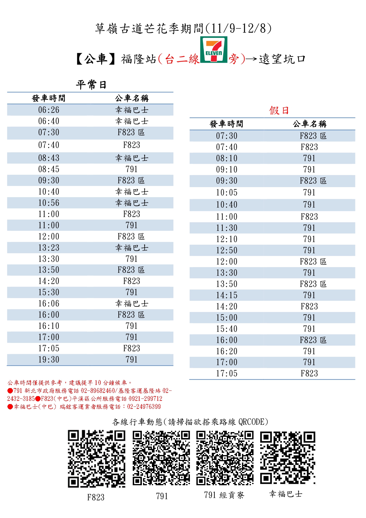 【公車】福隆站（台2線7-11旁）→遠望坑口 時刻表