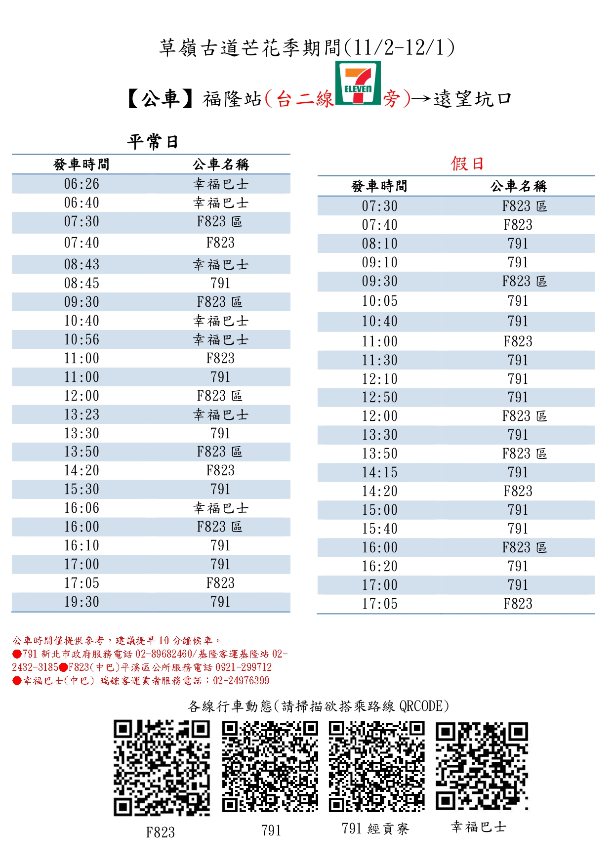 【公車】福隆站（台2線7-11旁）→遠望坑口 時刻表