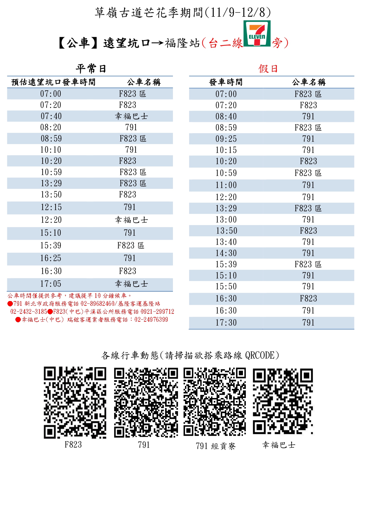 【公車】遠望坑口→福隆站（台2線7-11旁） 時刻表