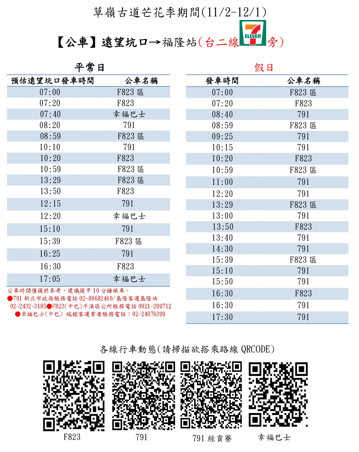 【公車】遠望坑口→福隆站（台2線7-11旁） 時刻表